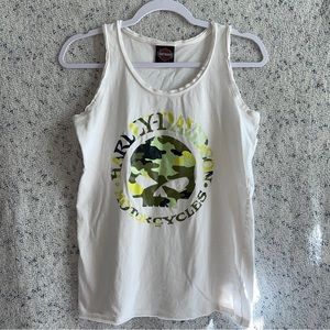 Harley Davidson Motorcycles White & Camo Skull Tank Top